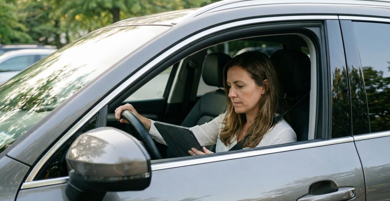 Responsable de flotte consultant une tablette pour calculer les coûts de leasing professionnel