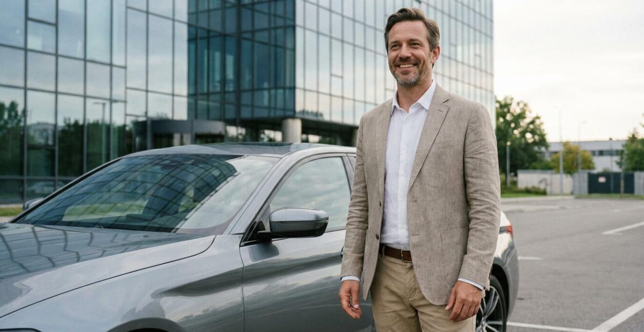 Professionnel consultant son téléphone près d'une voiture de société dans un parking d'entreprise moderne