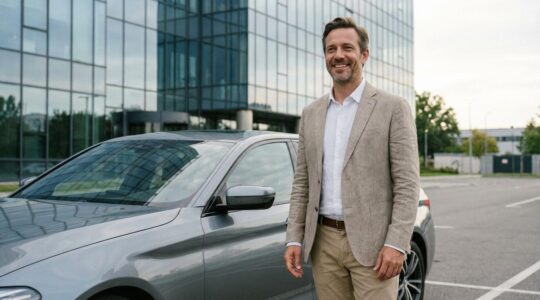 Professionnel consultant son téléphone près d'une voiture de société dans un parking d'entreprise moderne