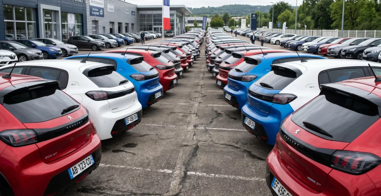 Rangées de Peugeot 208 GT d'occasion stationnées dans une concession, badges moteur PureTech et BlueHDi visibles sur les hayons arrière