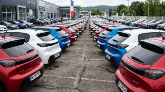 Rangées de Peugeot 208 GT d'occasion stationnées dans une concession, badges moteur PureTech et BlueHDi visibles sur les hayons arrière