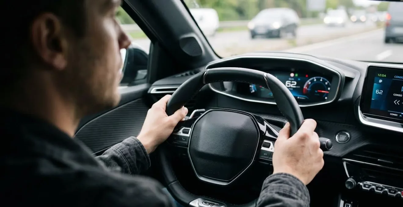Mains du conducteur sur le volant d'une Peugeot 208 GT, tableau de bord avec compte-tours visible en arrière-plan