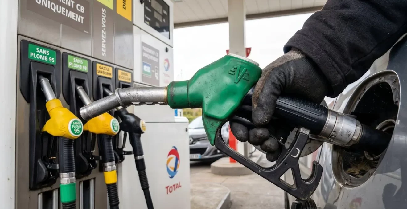 Gros plan sur pistolet de pompe à carburant essence et gazole dans une station-service, affichage prix en arrière-plan