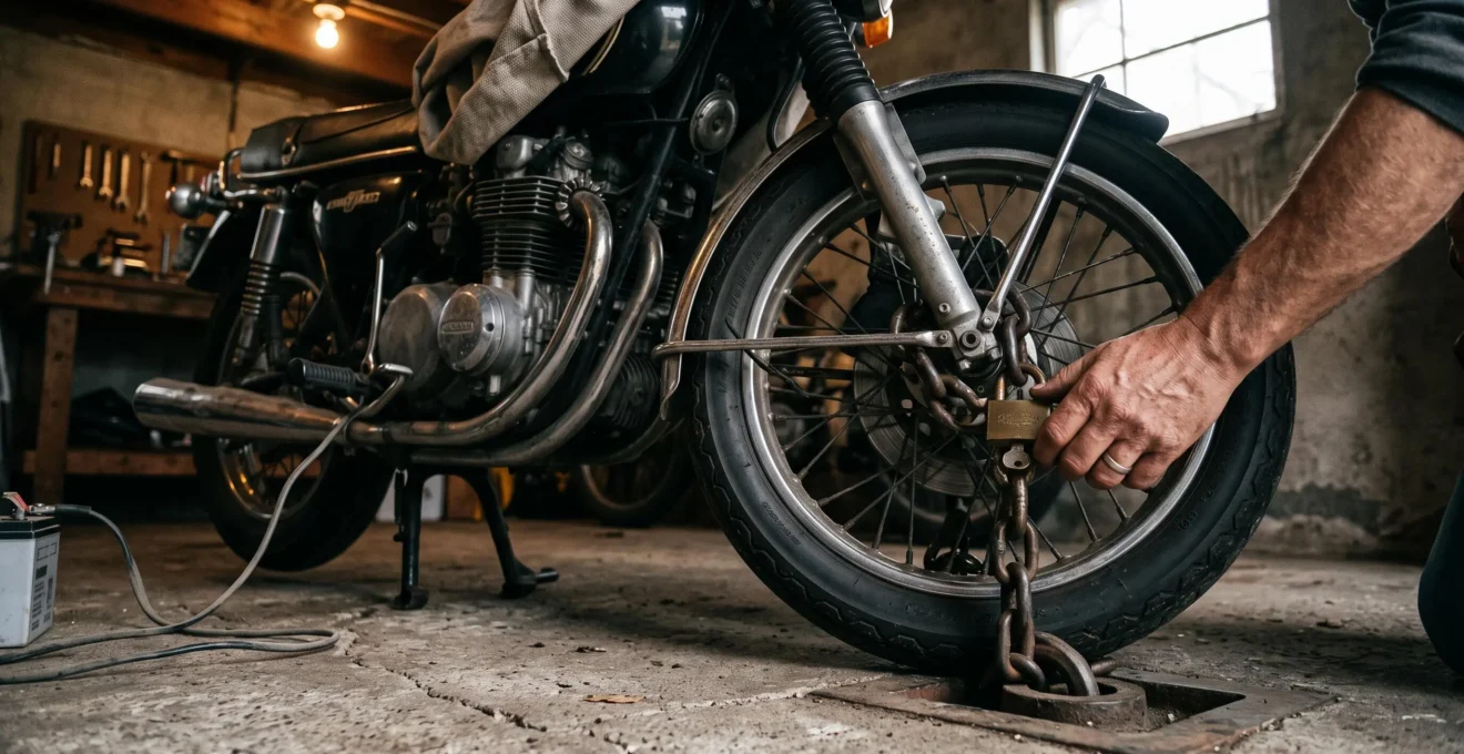 Une moto ancienne attachée avec un antivol à chaîne et un bloqueur au sol dans un garage.
