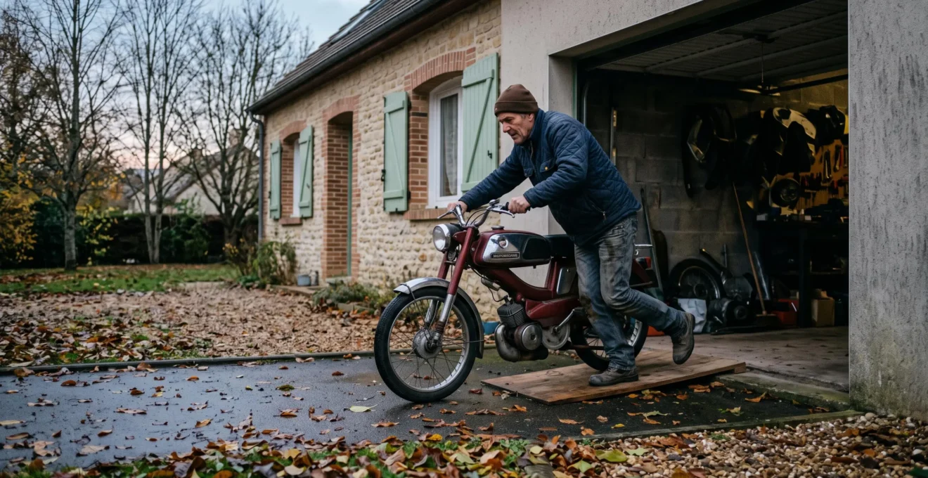 Un homme range une moto ancienne dans un garage fermé par une journée d'automne en France.