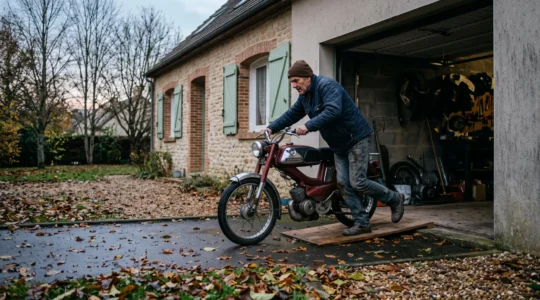 Un homme range une moto ancienne dans un garage fermé par une journée d'automne en France.