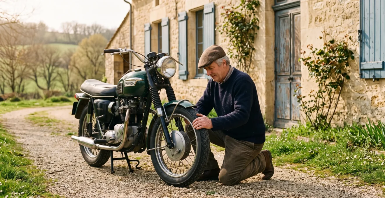 Un homme âgé vérifie le pneu avant de sa moto ancienne devant une maison en pierre en France au printemps.